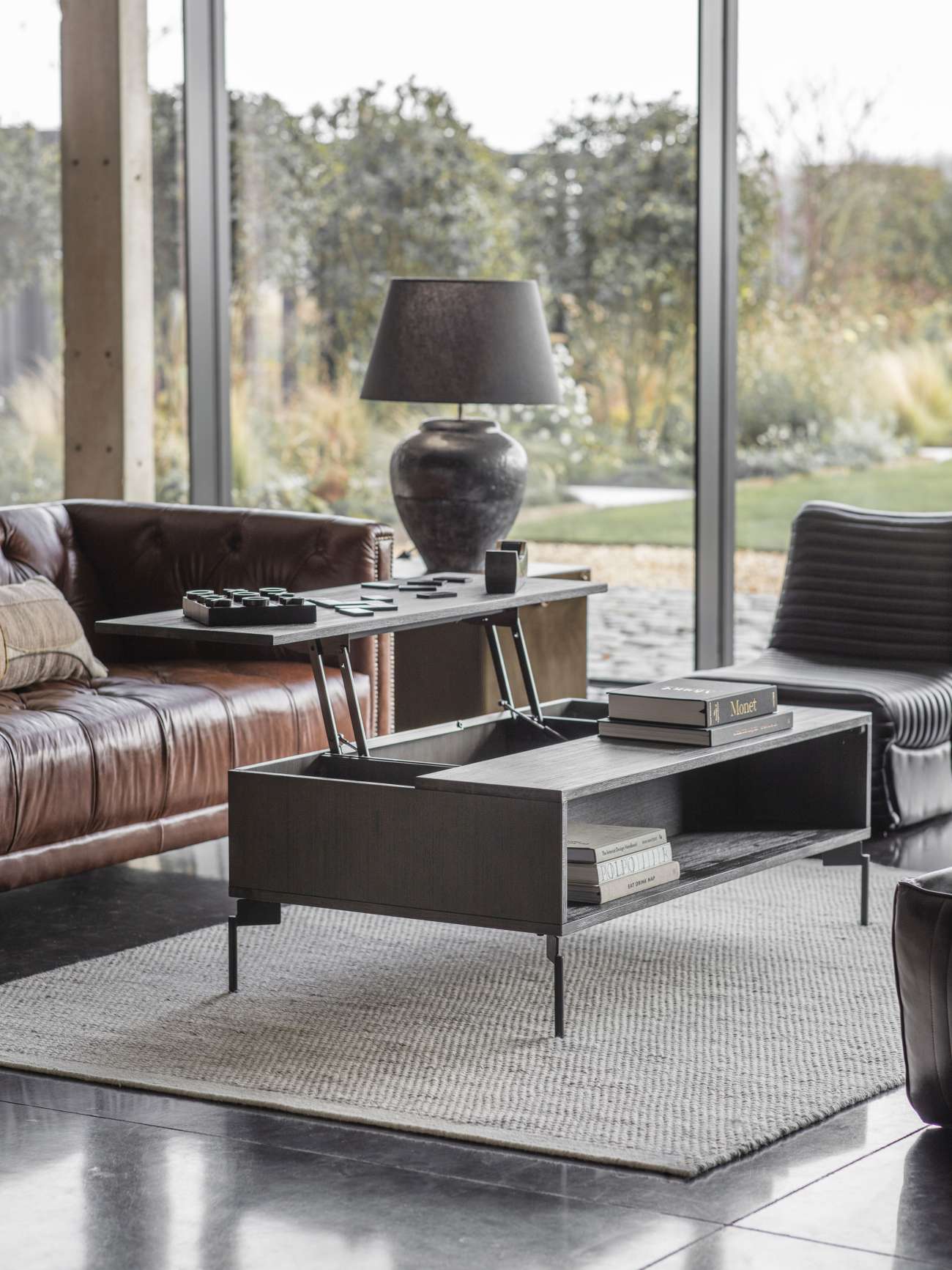 Bronks Black Acacia Wood Coffee Table with Motion Top Mechanism